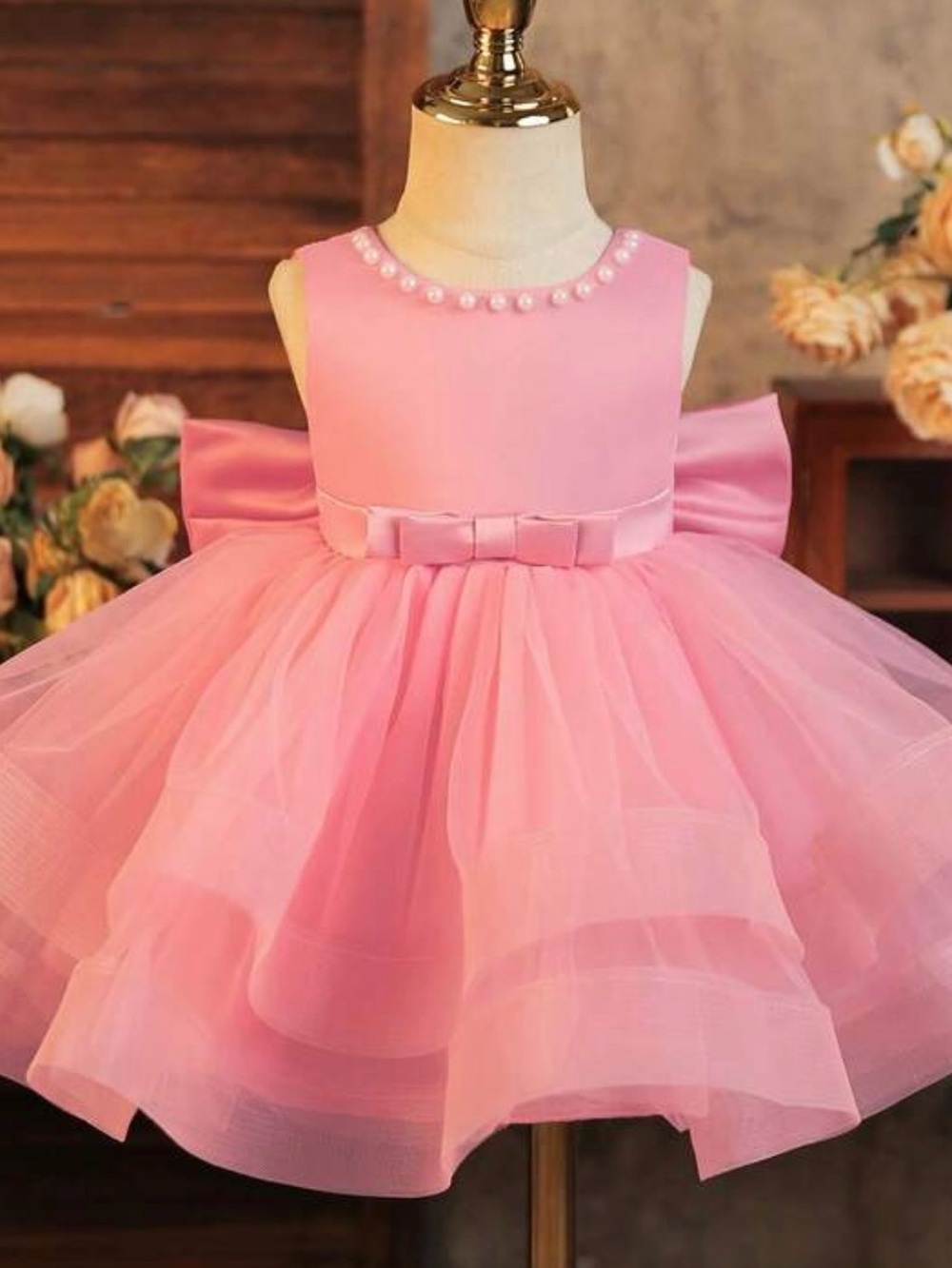 Girls Pink Pearl Neckline Tulle Bow Party Dress